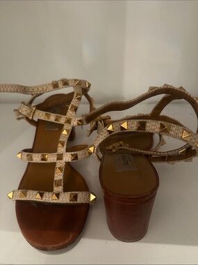 Valentino Garavani Beige Studded Strappy Block-Heel Sandals